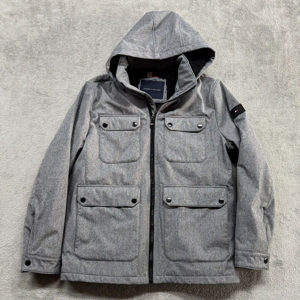 Tommy Hilfiger Hooded Jacket Coat Mens Medium Gray Fleece Lined Front‎ Pockets